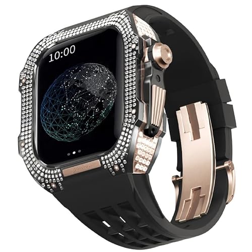 KANUZ Mod-Kit für Apple Watch Serie 6, 5, 4, SE, 44 mm, Gehäuse aus Titanlegierung und Gummiband für iWatch 6, SE, 5, 4, 44 mm, Ersatz-Uhrenarmbandzubehör (Farbe: Schwarz 7, Größe: 44 mm) von KANUZ