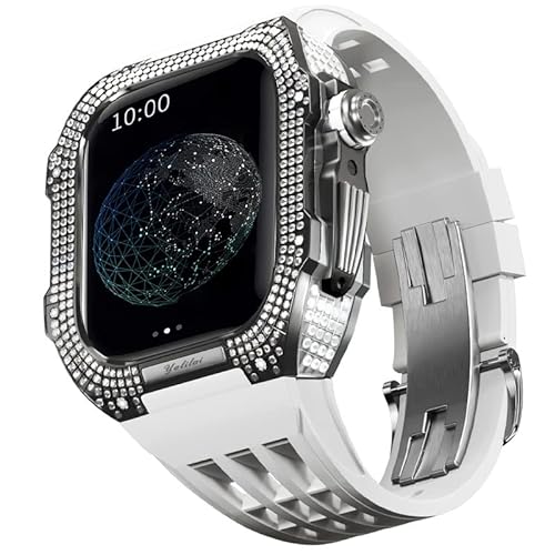 KANUZ Mod-Kit für Apple Watch Serie 6, 5, 4, SE, 44 mm, Gehäuse aus Titanlegierung und Gummiband für iWatch 6, SE, 5, 4, 44 mm, Ersatz-Uhrenarmbandzubehör (Farbe: Weiß 5, Größe: 44 mm) von KANUZ