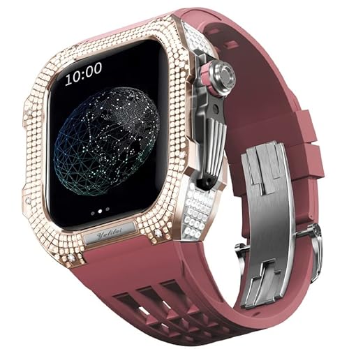 KANUZ Mod-Kit für Apple Watch Serie 6, 5, 4, SE, 44 mm, Gehäuse aus Titanlegierung und Gummiband für iWatch 6, SE, 5, 4, 44 mm, Ersatz-Uhrenarmbandzubehör (Farbe: dunkelrot 4, Größe: 44 mm) von KANUZ