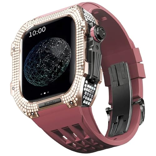 KANUZ Mod-Kit für Apple Watch Serie 6, 5, 4, SE, 44 mm, Gehäuse aus Titanlegierung und Gummiband für iWatch 6, SE, 5, 4, 44 mm, Ersatz-Uhrenarmbandzubehör (Farbe: dunkelrot 9, Größe: 44 mm) von KANUZ