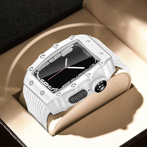 KANUZ Modifikationsarmband für Apple Watch Mod Kit 45, 44 mm, 40 mm, 41 mm, Stoßfänger, Luxus-Hülle, Gummiband, iWatch Serie 7, SE, 6, 5, 4, 3, Set (Farbe: Weiß, Größe: 44 mm) von KANUZ