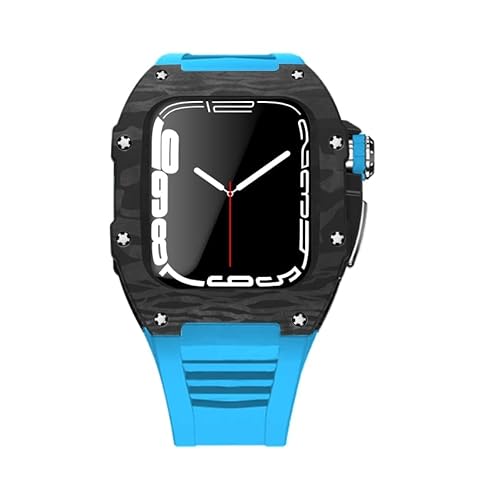 KANUZ Modifikationsset für Apple Watch Serie 7, 45 mm, Metallgehäuse und Silikonband für iWatch 44, SE, 6, 5, 4, Kohlefaser-Gehäuse, Gummiband (Farbe: Blau/Silber, Größe: 44 mm für 6/5/4/SE) von KANUZ
