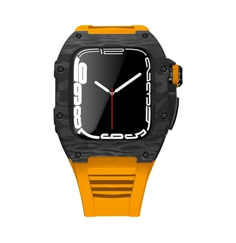 KANUZ Modifikationsset für Apple Watch Serie 7, 45 mm, Metallgehäuse und Silikonband für iWatch 44, SE, 6, 5, 4, Kohlefaser-Gehäuse, Gummiband (Farbe: Orange Schwarz, Größe: 44 mm für 6/5/4/SE) von KANUZ