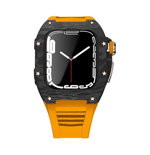 KANUZ Modifikationsset für Apple Watch Serie 7, 45 mm, Metallgehäuse und Silikonband für iWatch 44, SE, 6, 5, 4, Kohlefaser-Gehäuse, Gummiband (Farbe: Orange rg, Größe: 44 mm für 6/5/4/SE) von KANUZ