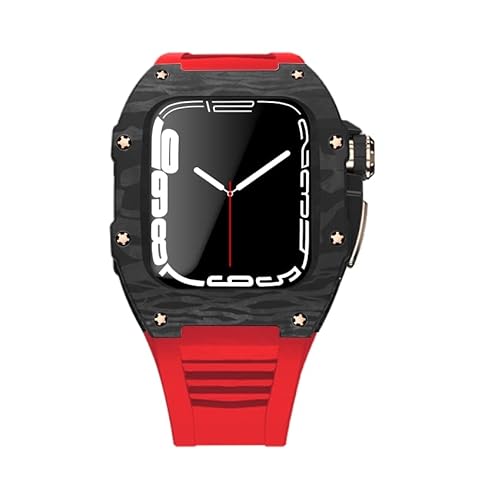 KANUZ Modifikationsset für Apple Watch Serie 7, 45 mm, Metallgehäuse und Silikonband für iWatch 44, SE, 6, 5, 4, Kohlefaser-Gehäuse, Gummiband (Farbe: Rot rg, Größe: 45 mm für 7) von KANUZ