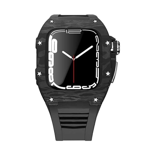 KANUZ Modifikationsset für Apple Watch Serie 7, 45 mm, Metallgehäuse und Silikonband für iWatch 44, SE, 6, 5, 4, Kohlefaser-Gehäuse, Gummiband (Farbe: Schwarz/Silber, Größe: 45 mm für 7) von KANUZ
