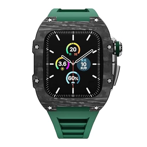 KANUZ Modifikationsset für Apple Watch Serie 8, 7, 6, SE, 5, 4, Gehäuse aus Edelstahl und Gummiband für iWatch 41 mm, 45 mm (Farbe: Grün, Größe: 45 mm für 7) von KANUZ