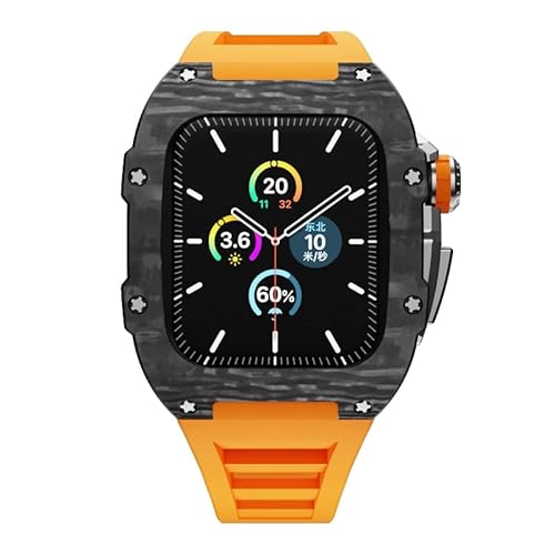 KANUZ Modifikationsset für Apple Watch Serie 8, 7, 6, SE, 5, 4, Gehäuse aus Edelstahl und Gummiband für iWatch 41 mm, 45 mm (Farbe: Orange, Größe: 44 mm für 6/5/4/SE) von KANUZ