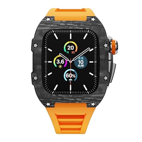 KANUZ Modifikationsset für Apple Watch Serie 8, 7, 6, SE, 5, 4, Gehäuse aus Edelstahl und Gummiband für iWatch 41 mm, 45 mm (Farbe: Orange, Größe: 45 mm für 7) von KANUZ