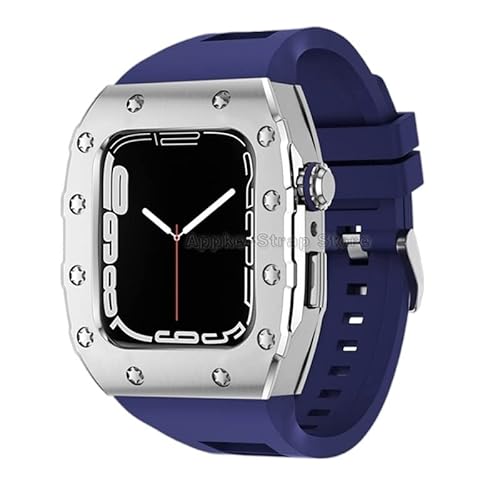 KANUZ Silikonband für Apple Watch 6, 5, 4, SE, 44 mm, Metalllünette, Luxus-Metalllünette, Gummiband, Modifikationsset für iWatch Serie 8, 7, 45 mm (Farbe: A, Größe: 44 mm für 6/5/4/SE) von KANUZ
