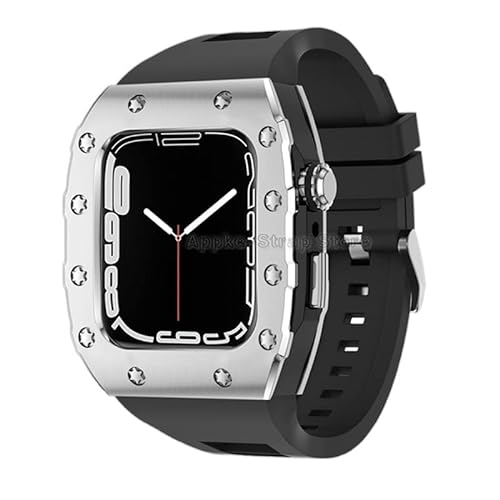 KANUZ Silikonband für Apple Watch 6, 5, 4, SE, 44 mm, Metalllünette, Luxus-Metalllünette, Gummiband, Modifikationsset für iWatch Serie 8, 7, 45 mm (Farbe: H, Größe: 44 mm für 6/5/4/SE) von KANUZ