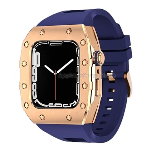 KANUZ Silikonband für Apple Watch 6 5 4 SE Serie, 44 mm, Metalllünette, Luxus-Metalllünette, Gummiband, Modifikationsset für iWatch Serie 8, 7, 45 mm (Farbe: F, Größe: 45 mm für 8/7) von KANUZ