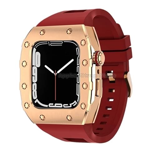 KANUZ Silikonband für Apple Watch 6 5 4 SE Serie, 44 mm, Metalllünette, Luxus-Metalllünette, Gummiband, Modifikationsset für iWatch Serie 8, 7, 45 mm (Farbe: R, Größe: 45 mm für 8/7) von KANUZ