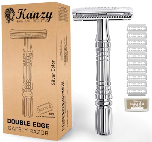 Kanzy Rasierhobel Herren und Damen mit 10 Klingen Edelstahl, Nassrasierer Sicherheitsrasierer arbeitet mit allen Doppelkante Rasierer Klingen Safety Razor Set von KANZY