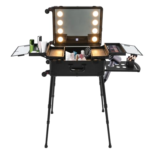 21in Kosmetikkoffer Trolley Schminkkoffer mit Beleuchtung Spiegel Rolling Makeup mit Spiegellichtern Profi Schminkkoffer Friseurkoffer 8 LED-Lampen mit Abschließbar und Schlüsseln Verstellbare Beine von KAPIPALA