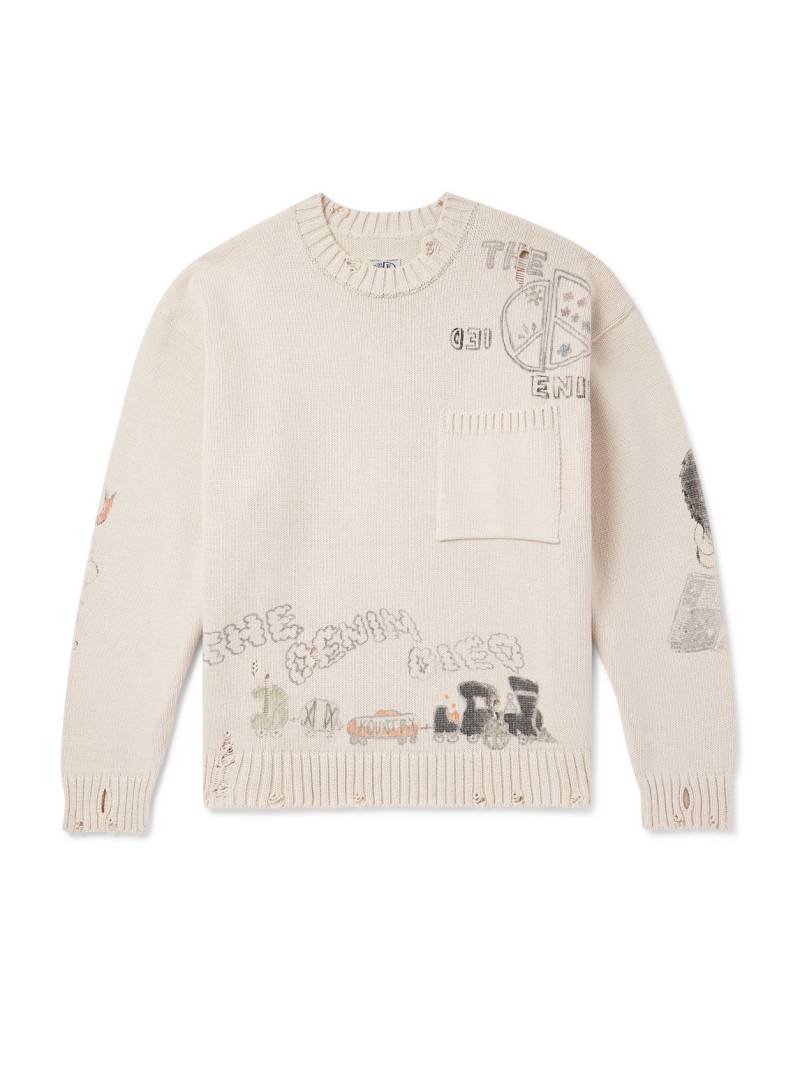 KAPITAL - Distressed Printed Cotton Sweater - Men - Neutrals - 3 von KAPITAL
