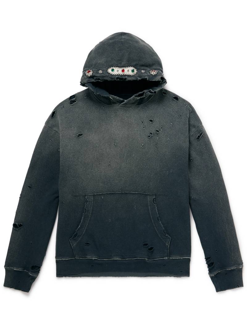 KAPITAL - Embellished Suede-Trimmed Distressed Cotton-Jersey Hoodie - Men - Gray - 3 von KAPITAL