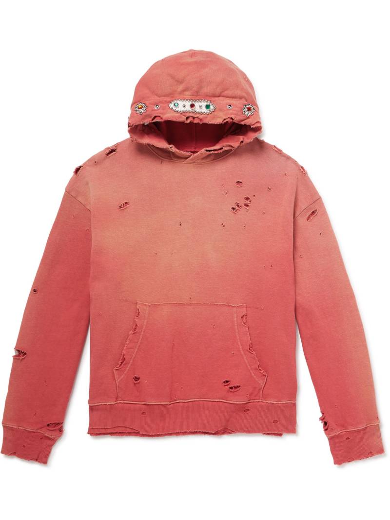 KAPITAL - Embellished Suede-Trimmed Distressed Cotton-Jersey Hoodie - Men - Red - 3 von KAPITAL