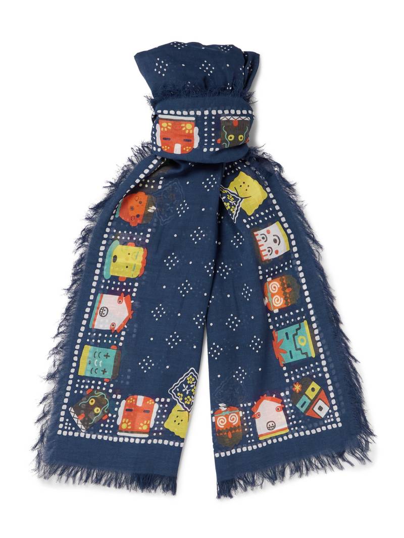 KAPITAL - Frayed Printed Cotton-Blend Gauze Scarf - Men - Blue von KAPITAL