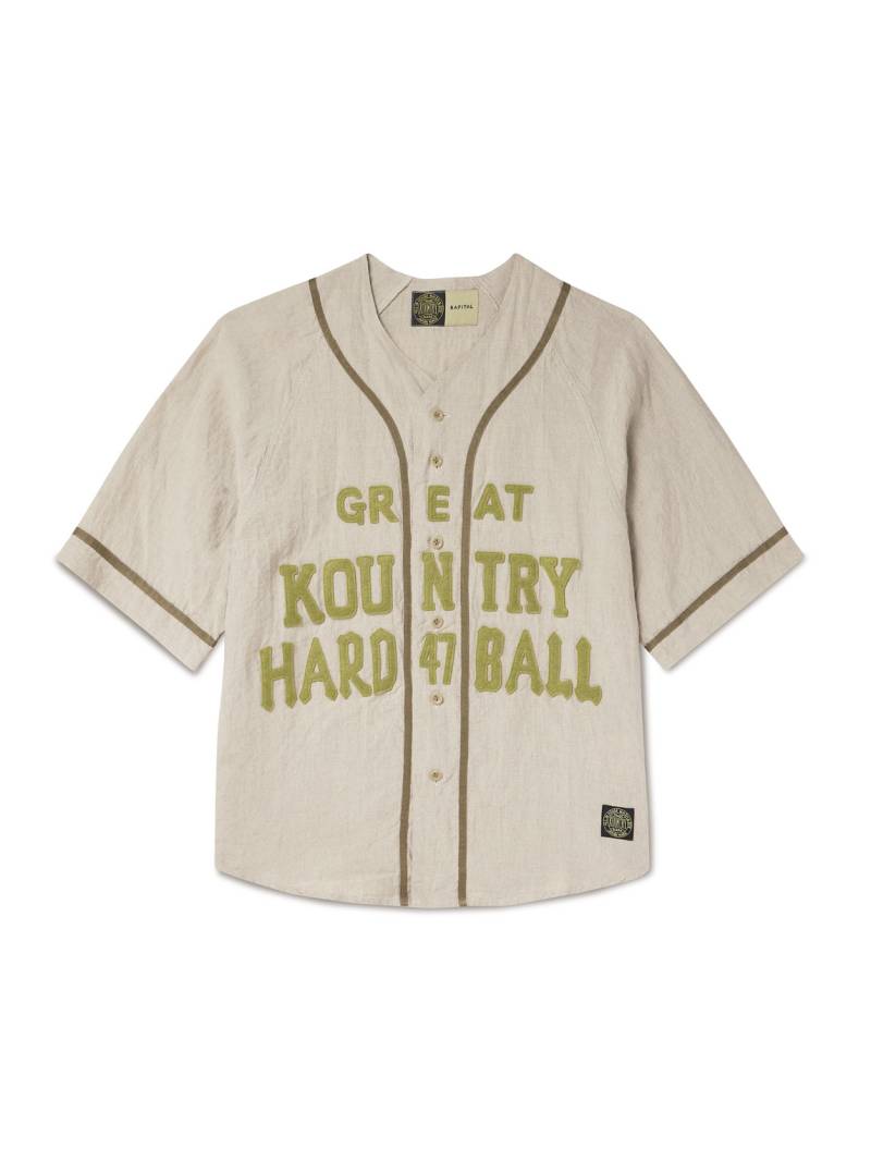 KAPITAL - Great Kountry Grosgrain- and Felt-Trimmed Logo-Appliquéd Linen Shirt - Men - Neutrals - 2 von KAPITAL