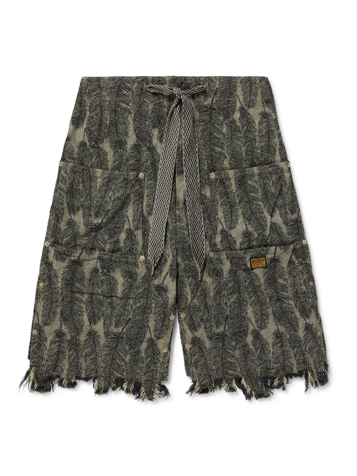 KAPITAL - Magpie Straight-Leg Distressed Cotton-Jacquard Drawstring Shorts - Men - Green - 3 von KAPITAL