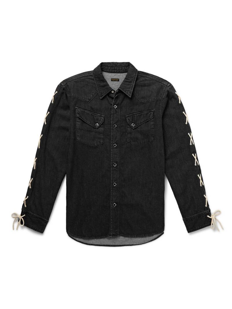 KAPITAL - Slim-Fit Leather-Trimmed Lace-Up Denim Shirt - Men - Black - 3 von KAPITAL