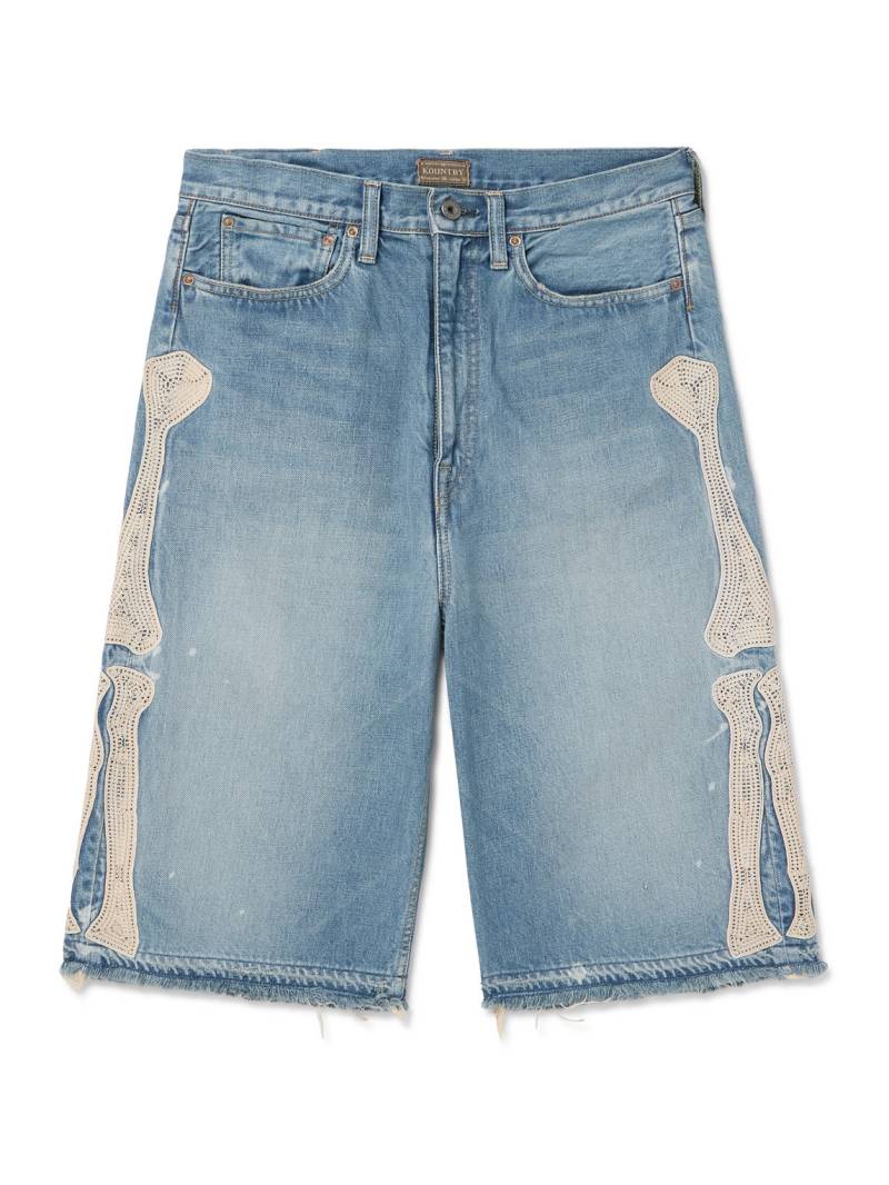 KAPITAL - Straight-Leg Appliquéd Distressed Denim Shorts - Men - Blue - UK/US 34 von KAPITAL