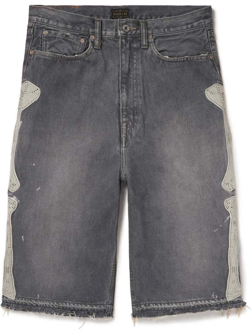 KAPITAL - Wide-Leg Appliquéd Distressed Denim Shorts - Men - Gray - UK/US 32 von KAPITAL