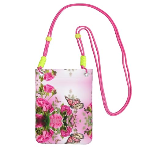KAPPTYY Modische Handytasche, Motiv: Schmetterling, küssende Blumen, universelle Outdoor-Handytasche, Gadget-Tasche, geeignet für jedes Handy, Fuchusia, Einheitsgröße von KAPPTYY