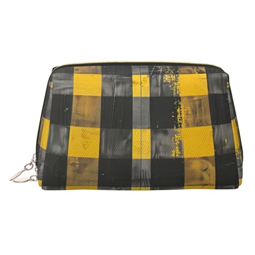 Kosmetiktasche aus Leder, Reisefreundlich, für Damen, Gelb / Grau / Schwarz kariert, gold, Einheitsgröße, Kulturbeutel Kosmetiktasche aus Leder, Reisefreundlich, für Damen, Gelb / Grau / Schwarz kariert, gold, Einheitsgröße, Kulturbeutel von KAPPTYY