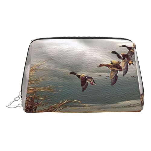 Kulturbeutel aus Leder mit Jagd-Motiv fliegende Wildenten, Reisefreundliche Make-up-Tasche für Damen, silber, Einheitsgröße, Kulturbeutel von KAPPTYY