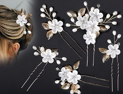 KAPSING 5 Stücke Braut Haarschmuck Hochzeit Blumenperlen Haarschmuck Brautschmuck U-förmig Haarkamm Hochzeit Kompatibel mit Frauen Mädchen(Gold) von KAPSING