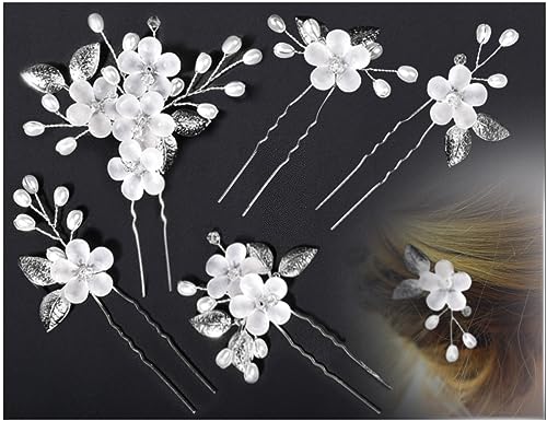 KAPSING 5 Stücke Braut Haarschmuck Hochzeit Blumenperlen Haarschmuck Brautschmuck U-förmig Haarkamm Hochzeit Kompatibel mit Frauen Mädchen(Silbrig) von KAPSING