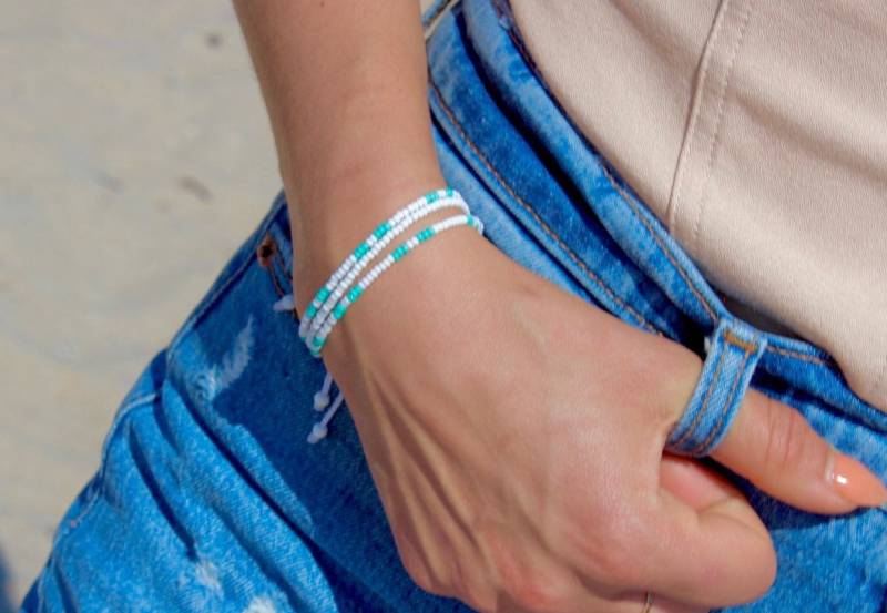 3Er Pack Verstellbare Armbänder, Türkis Perlen Teal Surfer California Armband, Pull String Dünn Minimalistisch von KAQCHI