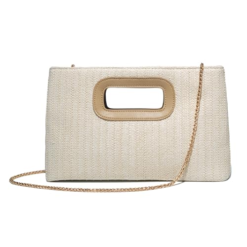 Damen Stroh-Optik Top Handle Crossbody Clutch Bag 2-in-1 wandelbar Abend Schulter Handtasche mit Goldkette, Cream, Trendig Damen Stroh-Optik Top Handle Crossbody Clutch Bag 2-in-1 wandelbar Abend Schulter Handtasche mit Goldkette, Cream, Trendig von KAQJWL