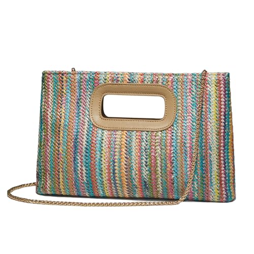 Damen Stroh-Optik Top Handle Crossbody Clutch Bag 2-in-1 wandelbar Abend Schulter Handtasche mit Goldkette, Mehrfarbig Damen Stroh-Optik Top Handle Crossbody Clutch Bag 2-in-1 wandelbar Abend Schulter Handtasche mit Goldkette, Mehrfarbig von KAQJWL
