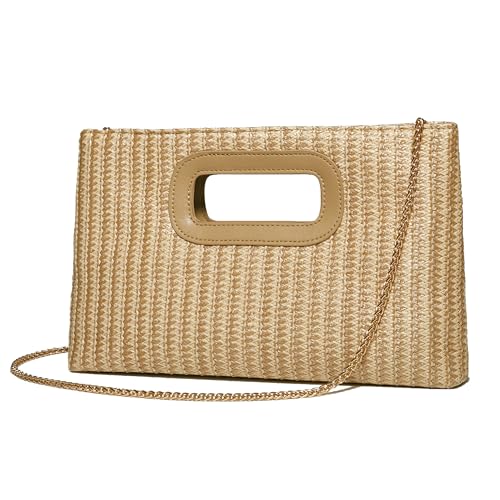 Damen Stroh-Optik Top Handle Crossbody Clutch Bag 2-in-1 wandelbar Abend Schulter Handtasche mit Goldkette, Raffia, Trendig Damen Stroh-Optik Top Handle Crossbody Clutch Bag 2-in-1 wandelbar Abend Schulter Handtasche mit Goldkette, Raffia, Trendig von KAQJWL