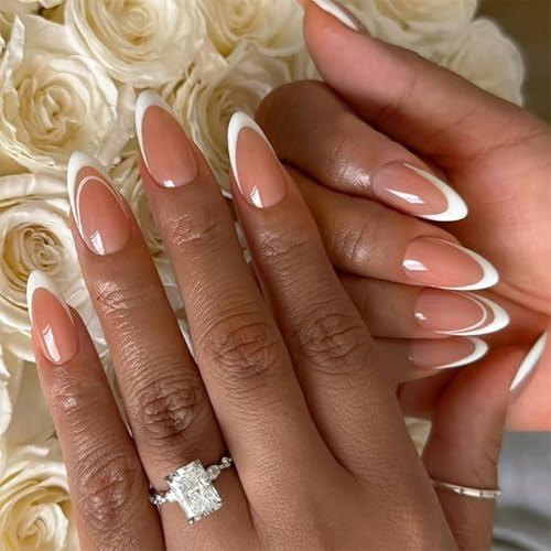 24 Stück Mandel Falsche – French Tip Glänzendes Acryl zum Aufdrücken für Frauen von KAQNTUD