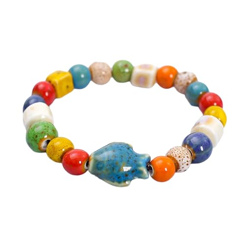 KAQNTUD Keramikperlen-Armband mit bunten Katzen, handgefertigt, Keramik-Perlenarmband mit bunten Katzen für Damen und T-Shirt, As show von KAQNTUD