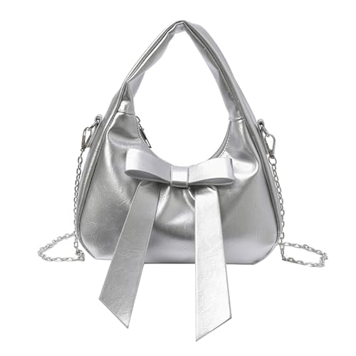 KAQNTUD Leder-Handtasche für Damen, Schultertasche, Schleifen, Crossbody-Tasche, Geldbörse, Tragegriff oben, mit abnehmbarer Kette, silber, Einheitsgröße KAQNTUD Leder-Handtasche für Damen, Schultertasche, Schleifen, Crossbody-Tasche, Geldbörse, Tragegriff oben, mit abnehmbarer Kette, silber, Einheitsgröße von KAQNTUD