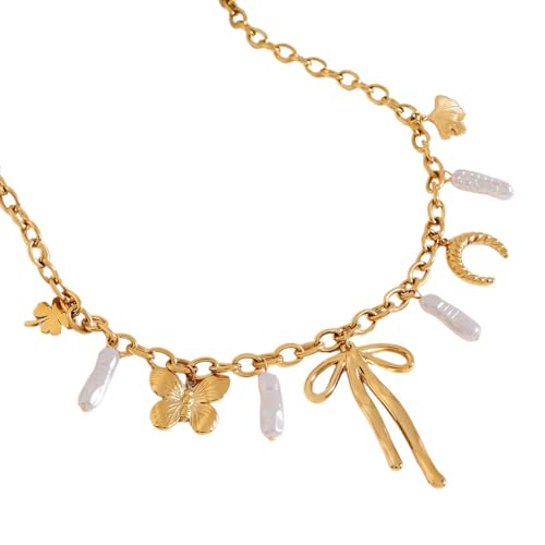 KAQNTUD Leichte Edelstahl-Halskette mit Schleifen-Akzent, vielseitiger Schmuck für lässige oder formelle Outfits, minimalistische Edelstahl-Perlen-Anhänger von KAQNTUD