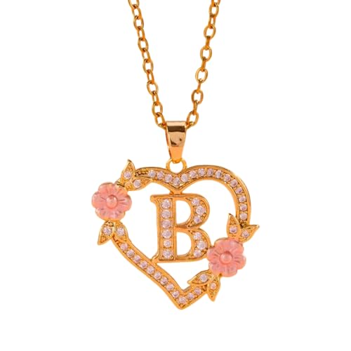 KAQNTUD Romantische Halskette mit Blumen-Initialen-Anhänger, Messingkette, zierlicher Herzanhänger, Modeschmuck, Geschenk, zarte Abend-Party-Halskette, Einheitsgröße, Wie beschrieben, Wie beschrieben von KAQNTUD