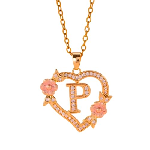 KAQNTUD Romantische Halskette mit Blumen-Initialen-Anhänger, Messingkette, zierlicher Herzanhänger, Modeschmuck, Geschenk, zarte Abend-Party-Halskette, Einheitsgröße, Wie beschrieben, Wie beschrieben von KAQNTUD