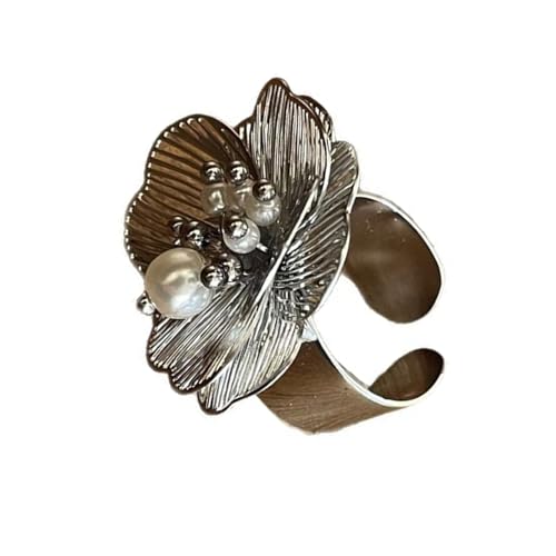 KAQNTUD Weiße Perlen Rose Blume Statement-Ringe für Frauen verstellbare offene Bänder Accessoire Hochzeit Versprechen Schmuck KAQNTUD Weiße Perlen Rose Blume Statement-Ringe für Frauen verstellbare offene Bänder Accessoire Hochzeit Versprechen Schmuck von KAQNTUD