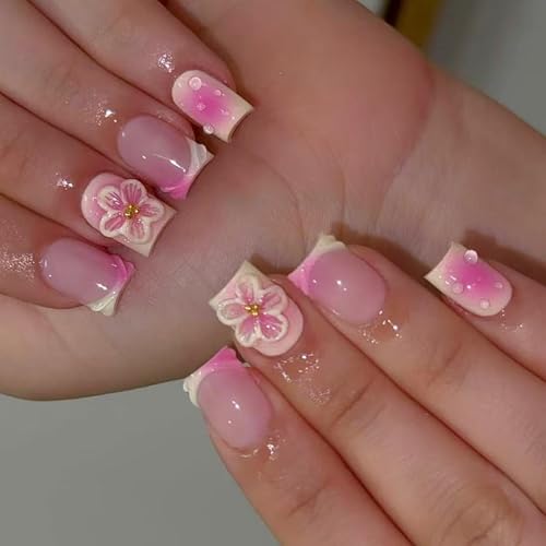 Quadratische Nägel zum Aufdrücken, Blume, künstliches Acryl, 24 Stück, zum Aufkleben auf Nägel für Damen und Mädchen von KAQNTUD