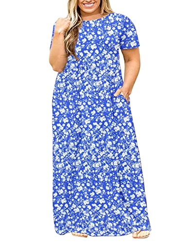 KARALIN Maxikleid für Damen, Übergröße, kurzärmelig, locker, einfarbig, lässig, lang, mit Taschen, 02 - Floral Blue White, 50 Mehr von KARALIN
