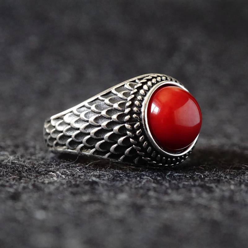 Echte Rote Koralle Herren Ring - 925 Sterling Silber Handgefertigter Handwerksschmuck von KARAT35
