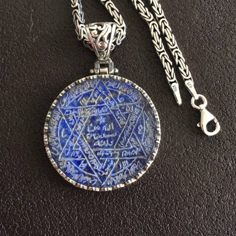 Lapis Lazuli Solomon Seal Anhänger Gravierter Sterling Silber Talisman von KARAT35