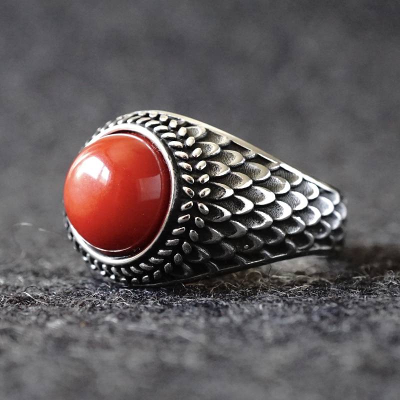 Natürliche Rote Koralle Ring 925 Sterling Silber Handgefertigter Herren Schmuck von KaraDeluxe