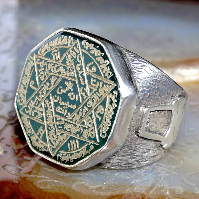 Siegel Salomons Ring 925 Sterling Silber Grün Achat Aqeeq Handgraviert Unikat Talisman von KARAT35